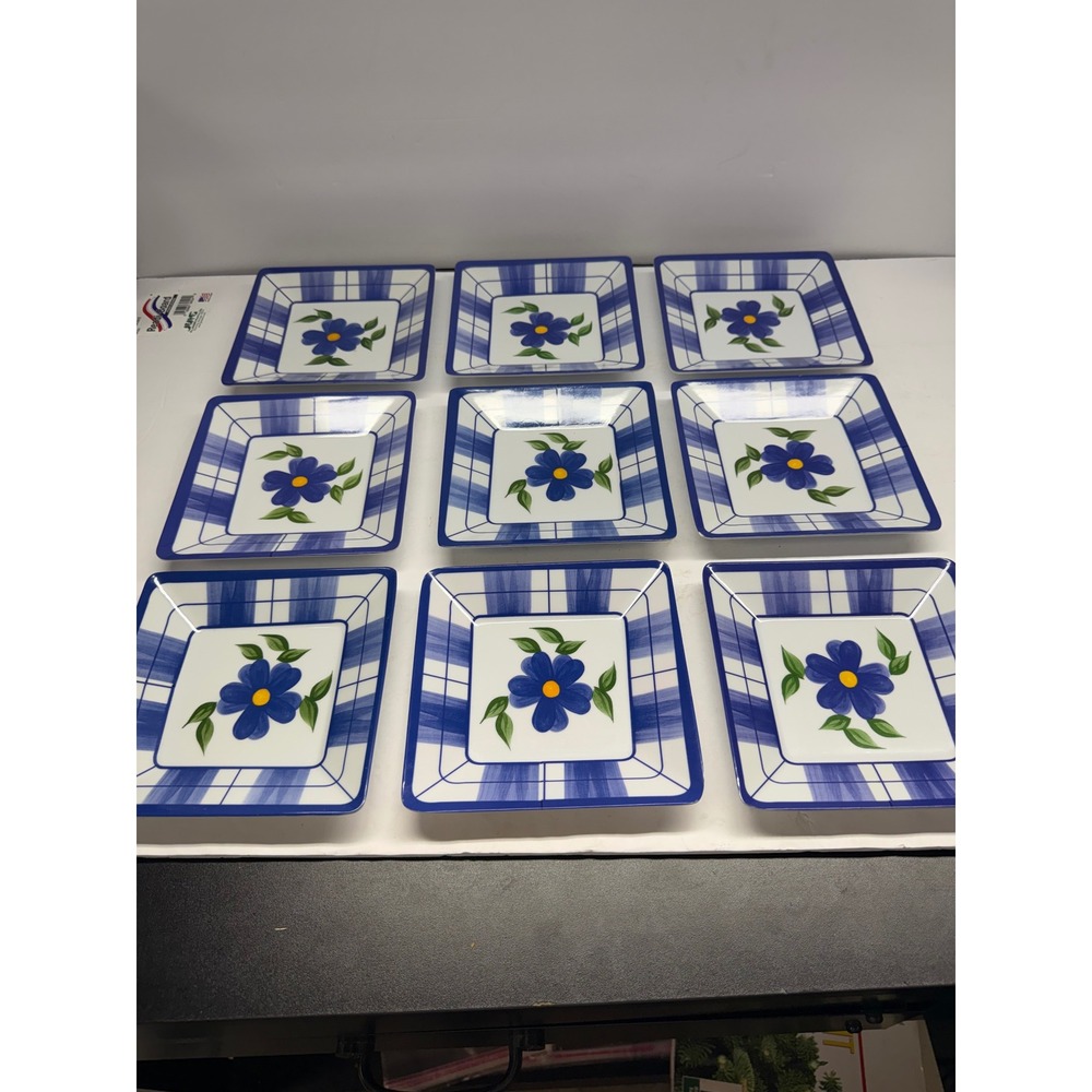 Set of 9 Blue Floral Plaid Square Melamine Appetizer Dessert Plates 6.5in